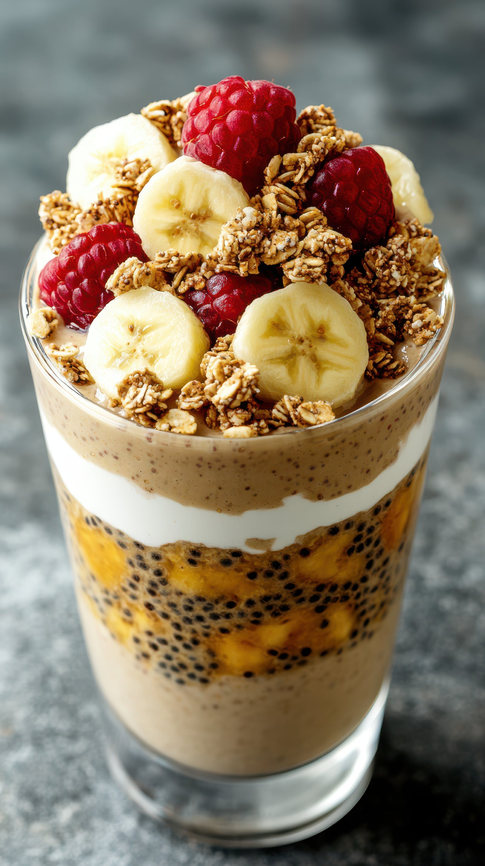 Delicious layered chia pudding with banana, raspberries, and granola presented in a clear glass at a modern kitchen